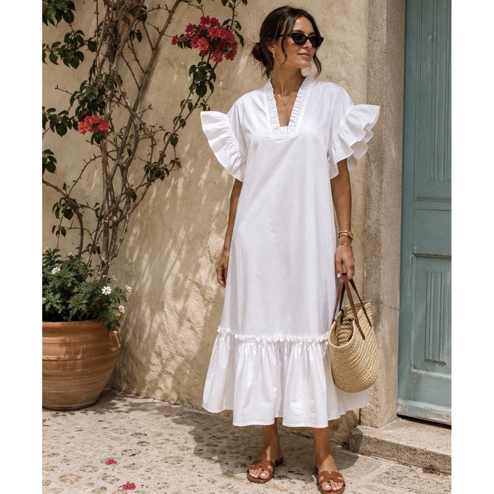 $310 FITZROY & WILLA Soleil Maxi Dress Lined XS 3/4 Sleeve White Resort Coastal